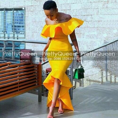 2020 Mermaid High Low Mermaid Bridesmaid Dresses Ruffles Off Shoulder Gold Yellow African Women Long Prom Dress Wedding Party
