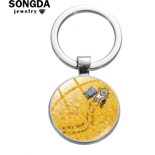 SONGDA Lovely Van Goghs Life Artist Collection Keychain Wheat Field with Crows Starry Night Paintings Glass Art Round Key Chain