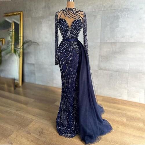 Navy Formal Evening Dresses with Detachable Train High Collar Mermaid Prom Dress Party Custom Made Vestidos De Fiesta