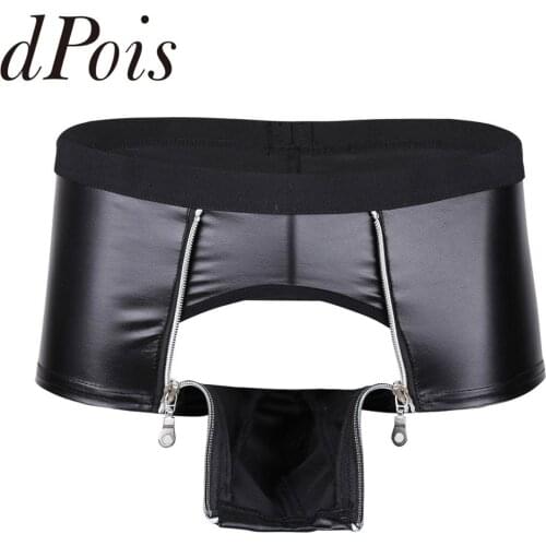 Men Faux Leather Briefs Underwear Zipper Pouch Open Crotch Panties Boxer Brief Underpants Swimwear Exotic Clubwear