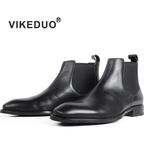 VIKEDUO Fashionable Black Calf Skin Chelsea Boots For Men Square Toe Slip-On Flat Handmade Leather Boots Men Patina Bespoke Shoe