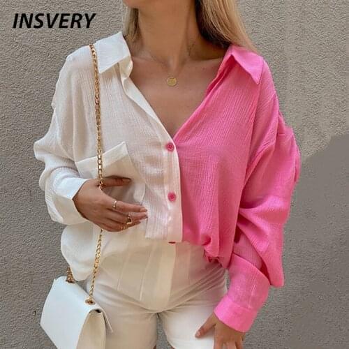 New V Neck Shirts For Women Fashion Blouse Stitching Color Turn Down Collar Long Sleeve Blouse Shirt Women Casual Loose Tops