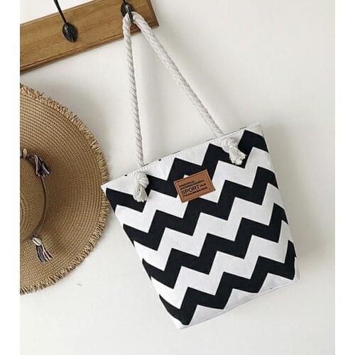Korean Style Rope Canvas Knot Bag Fashion Stripe Shoulder Bag Portable Women Tote Bag Beach Bag Meticulous Workmanship
