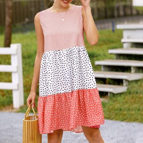 Women Polka Dot Striped Dress Sweet Pink O-Neck Sleeveless Patchwork Loose Waist Ruffles Dresses Female Summer Casual Plus Size