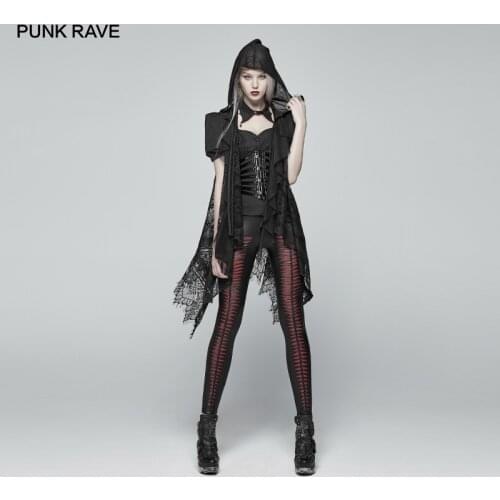 PUNK RAVE Womens Gothic Daily Black Transparent Loose Lace Vest Chiffon Hooded Cape Club Thin Cloak Women Can Do Scarf