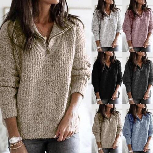 Women Autumn Winter Half Zipper Sweater Long Sleeve Stand Collar Jumpers Pullover
