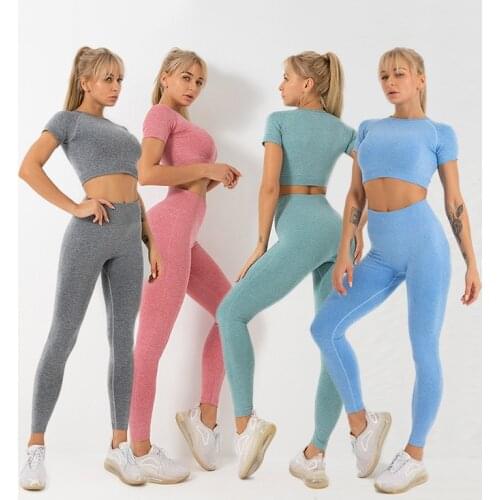 Yuerlian 2PCS Seamless Knitting Short Sleeve Crop Top Women High Waist Leggings Fitness Suit Yoga Set Running Sportswear