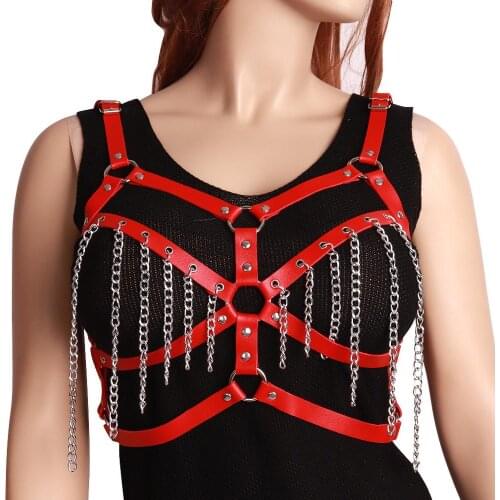 Sexy Women Leather Red Lingerie Metal Chain Belt Tops Hollow Out Punk Goth Adjustable Festival Clothing Body Cage Harness Bra