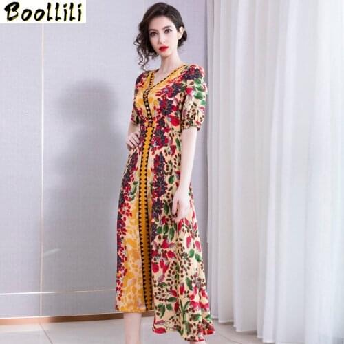 Boollili Summer Dress Real Silk Dress Women Korean Midi Beach Dress Elegant Vintage Party Women Dress Vestido Mujer
