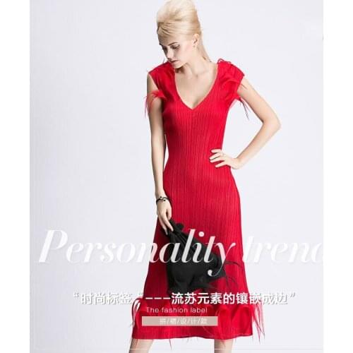 HOT SELLING Miyake womens new arrival pleated tassel V-neck length sleeve one-piece dress IN STOCK