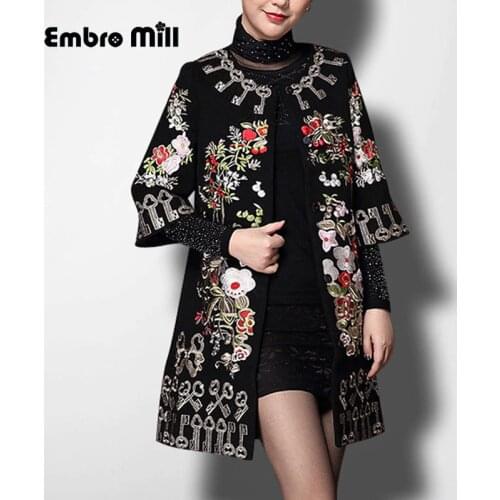 Vintage royal embroidery autumn & winter woolen coats woman Windbreaker elegant lady plus size loose trench coat female S-5XL