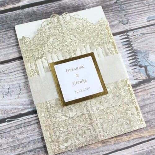 Gold card invitation parchment paper belly band elegant customized invitation design 50 sets