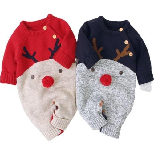 2020 Winter Christmas Newborn Baby Girl Knitted Romper Deer Print Jumpsuit Overall Sweater Warm Fall Autumn Wool Xmas Clothes
