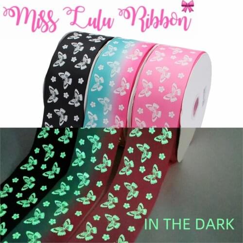 3"75mm Animal Butterfly White Ink Print Glow in the Dark Rainbow Galaxy Printed Grosgrain Ribbon DIY Hair Band 50yards/roll Pink