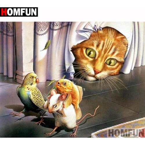 HOMFUN Full Square/Round Drill 5D DIY Diamond Painting "Animal cat and bird" Embroidery Cross Stitch 5D Home Decor Gift A18173