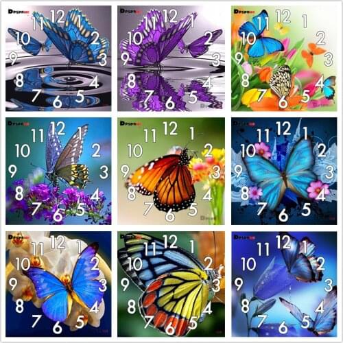Full Diamond Painting Cross Stitch kit Animals Butterfly With Clock Mechanism Mosaic 5D Diy Square Round 3d Embroidery Gift HJ45