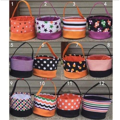 Kids Canvas Halloween Bucket Pumpkin Polka Dot Trick Or Treat Candy Handbag Party Decoration Halloween Basket