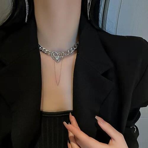 European and American Personality Hip Hop Necklace Female Diamond Inlaid Love Tassel Clavicle Chain Ins Cool Style Niche Design