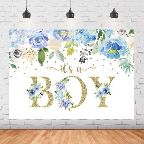 Baby shower backdrop Golden glitter Boy birthday newborn 1st birthday blue flowers party background decoration photo portrait