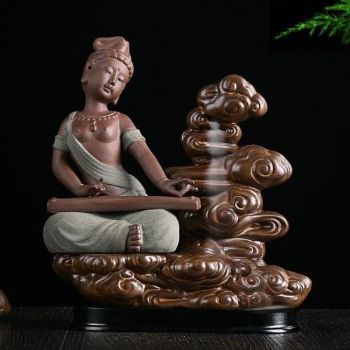 Apsara ceramic incense cone aromatic fragrance Guqin back view of incense smoke ceremony hot waterfall