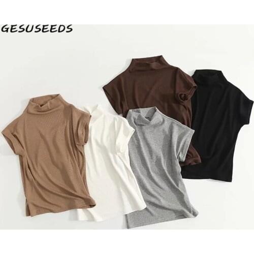 Summer elegant t shirt women basic short sleeve tops white solid knitted T shirts turtleneck women cropped t shirt office lady
