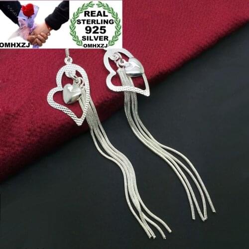 OMHXZJ Wholesale Personality Fashion OL Woman Girl Party Wedding Heart Silver Long Tassel 925 Sterling Silver Earrings YE339