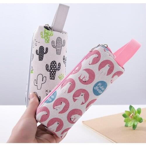 1pc Cartoon Canvas Pencil Bag Zipper Casual Cosmetic Bag Student Stationery Pen Pencil Storage Case School Office Supplies