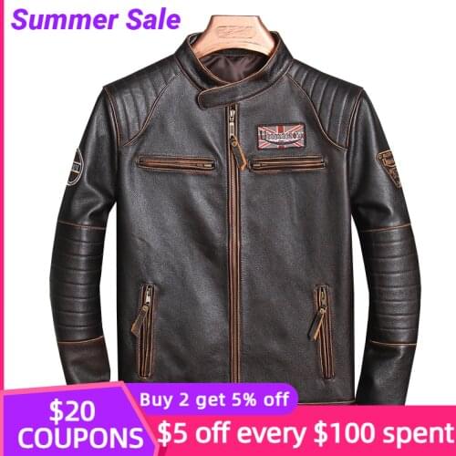 2021 Vintage Brown Motorcycle Style Genuine Leather Jacket Men Stand Collar Plus Size 4XL Real Natural Cowhide Autumn Biker Coat