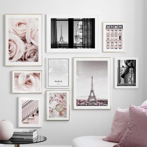 Pink Rose Paris Tower Window Coffee Stair Wall Art Canvas Painting Nordic Posters And Prints Wall Pictures For Living Room Decor