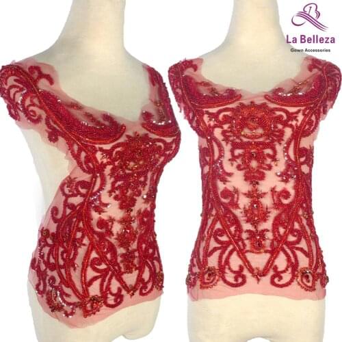 La Belleza new Red beaded beautiful large piece handmade pearls crystal Rhinestone patch wedding dress applique accessories