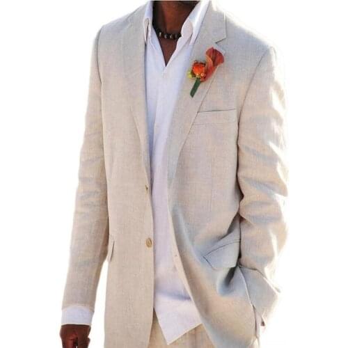 New Style Groomsmen Beige Linen Groom Tuxedos Notch Lapel Men Suits 2 Pieces Wedding Bridegroom ( Jacket+Pants+Tie ) D227
