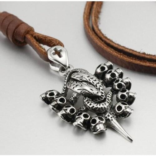 316L Stainless Steel Snake Skull Pendant Biker Rock Punk Nail Leather Necklace 4G004