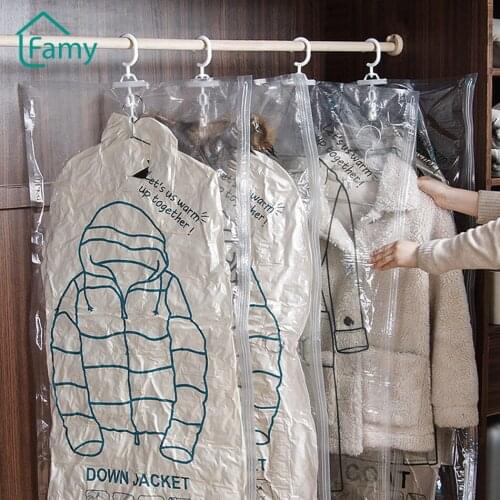 Hanging Wardrobe Clothes Vacuum Bag Transparent Compression Organizer Storage Bag with Hanger Reusable Clothes Pouch Organizer