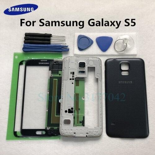 Complete Case Parts For Samsung Galaxy S5 I9600 G900F Front Screen Glass Lens Middle Frame Battery Back Door Cover Full Housing