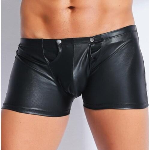 Sexy Mens PU Leather Lingerie Front Pouch Open Crotch Zipper Boxer Shorts Male Gay Club Erotic Pole Dance Mini Short Underwear