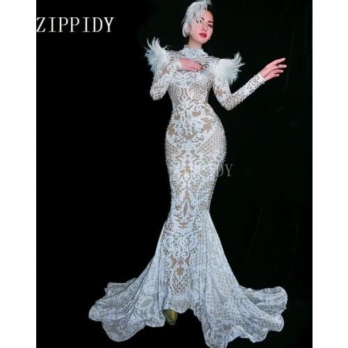 Shining Silver Rhinestone Long Train Dress Women Evening Costume Prom Celebrate Big Tail Dresses Women Party Wear Dress