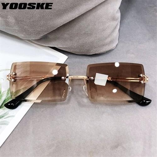 YOOSKE Rimless Sunglasses Rectangle Fashion Popular Women Men Shades Square Sun Glasses Female Summer Traveling Brown UV400
