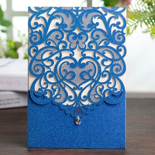 Wishmade Royal Blue Laser Cut Wedding Invitations Cards With Rhinestone Vintage Flower Personalized for Party Supplies 100pcs