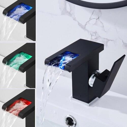LED RGB Color Change Waterfall Vanity Faucet Bathroom Basin Kitchen Sink Luminous Hot and Cold Water Faucet Toilet Mixer Tap