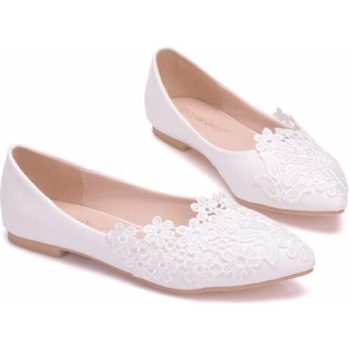 Large Size Flat Lace Wedding Shoes White Pointed Toe Casual Flat Shoes White Lace Casual Womens Shoes Low Heel