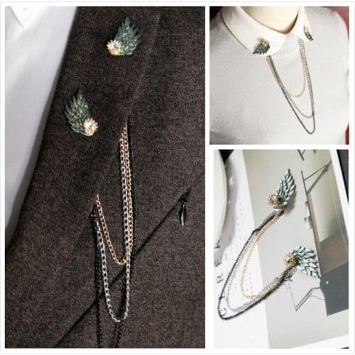 Vintage Angle Wings Brooches Pins Blue Paint Alloy Metal Tassel Chain Brooch Man Woman Suit Shirt Collar Lapel Pin Stage Jewelry