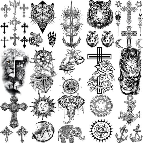 3D Anchor Cross Flower Temporary Tattoos For Women Adult Men Lion Tiger Elephant Crown Fake Tattoo Neck Arm Hands Small Tatoos