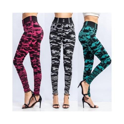 Ogilvy Mather Women Leggings Camouflage Print Leggings With Mock Pocket Faux Denim Jeans Slim Fitness Elastic Seamless Leggings