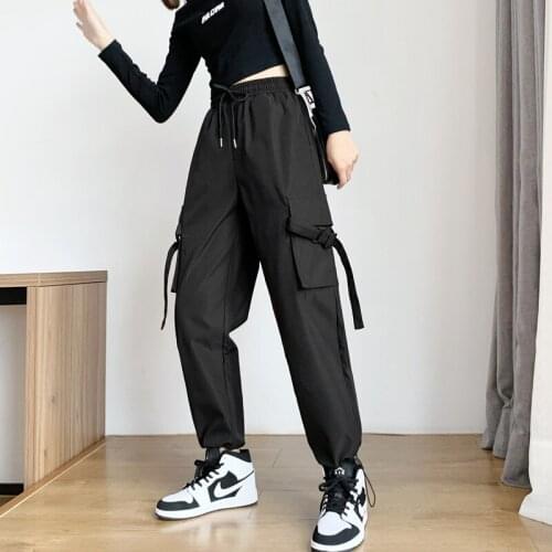 2021 Women Solid Trousers Casual Spring Black Cargo Pants With Pockets Plus Size Buttons Sexy Bootcuts Casual Clothes Wear P9661