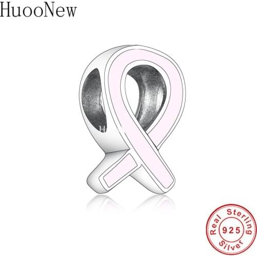 Fit Original Brand Charm Bracelet 925 Sterling Silver Pink Ribbon Hope Breast Cancer Awareness Bead For Making Women Berloque