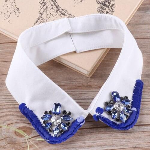 Women Neckwear Tie Pearl Bead Sequined Neckline Fake Collar Rhinestone Flower Detachable False Collar Removable Lapel Blouse Top