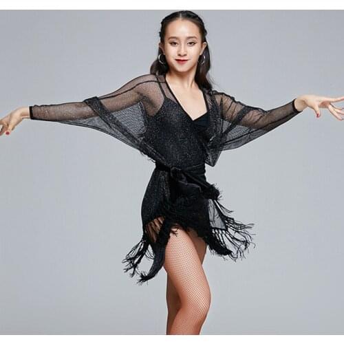 Latin Dance Dress Women Sexy Mesh Fringed Dress Performance Dancewear Samba Practice Dress Bat Sleeved Latina Costume VDB3235