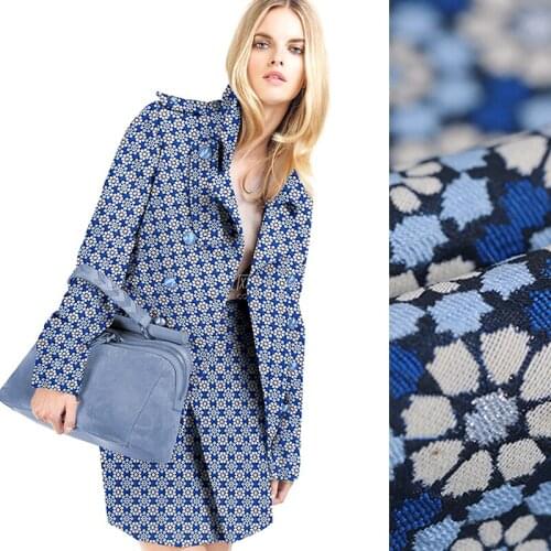 140CM Wide 300G/M Weight Small Blue Floral Jacquard Acrylic Polyester Brocade Fabric for Autumn Winter Dress Shirt Jacket E496