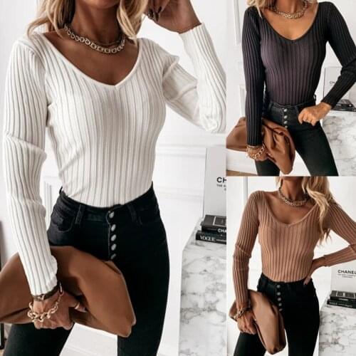 2021 Autumn Winter Long Sleeve Ribbed Blouse Women V Neck Shirt Pullover Fashion Elegant Office Lady Slim Tight Solid Tops Blusa