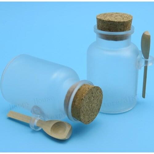 24 x 200g Empty Refillable Bath salt bottle with cork jar with wooden spoon 200ml Powder plastic bottle